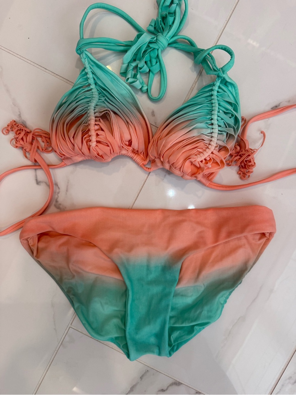 Pilyq Ombre Coral to Aqua Ruffled Triangle Bikini small bottom large top